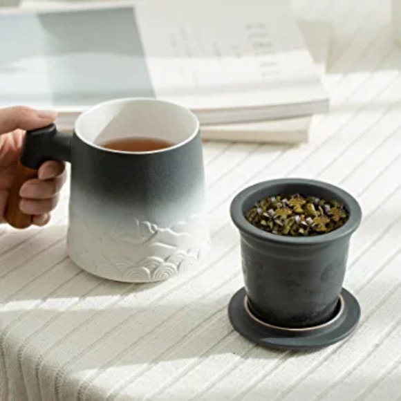 ZENS Tea Cup with Infuser and Lid, 16.8 Ounces Gradient Embossed Large Loose - Picture 9 of 9